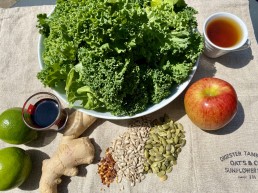 Ingredients for a Raw kale salad with ginger, sesame and soy