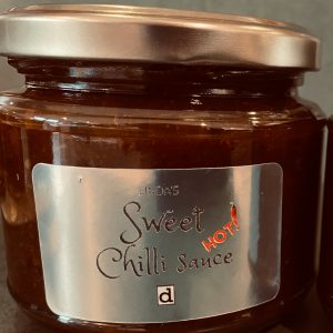 A jar of sweet chilli sauce with a shiny label