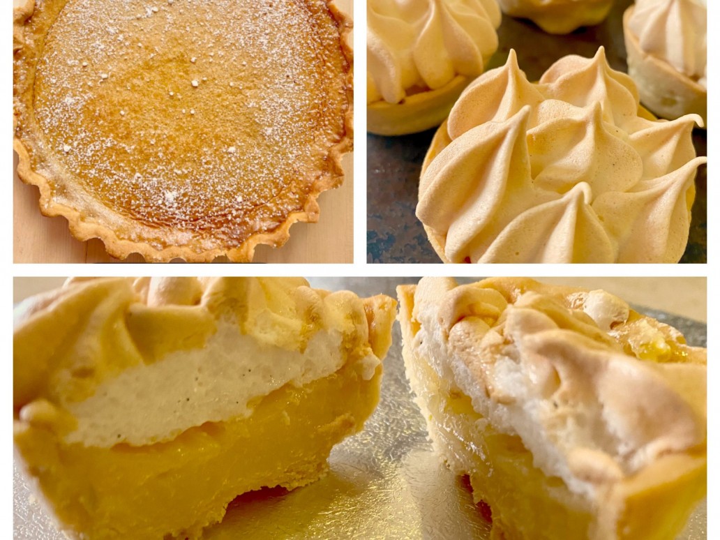 A collage of photos showing a custard tart and lemon meringue pie with crisp shortcrust pastry