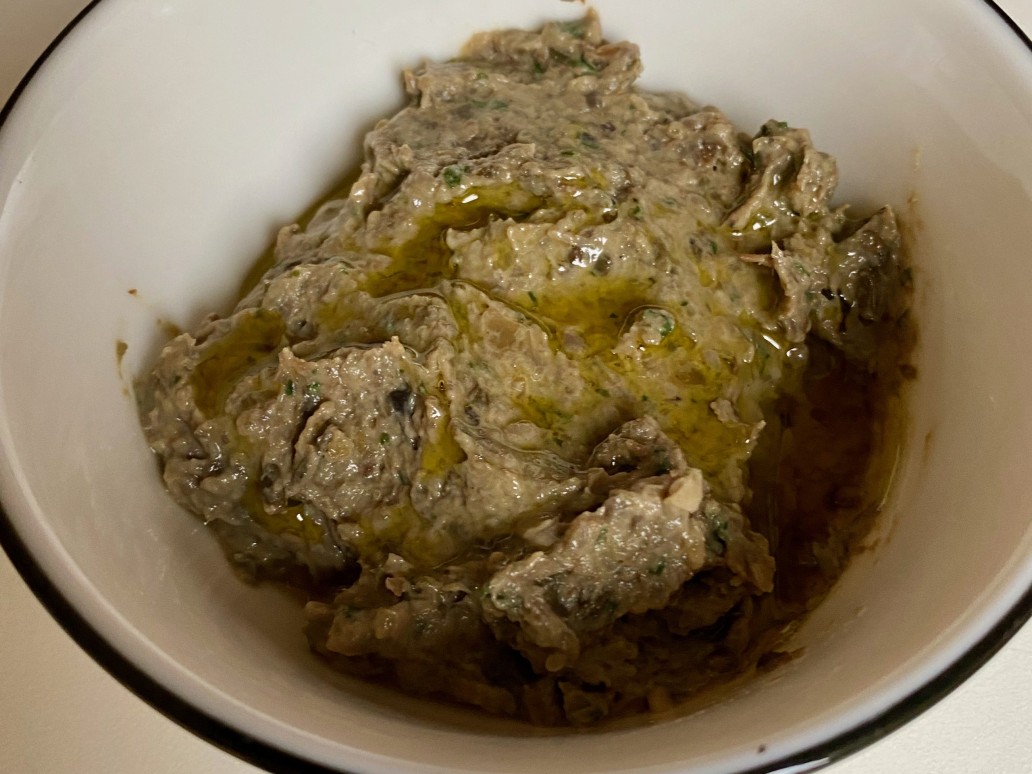 A bowl of pate made from mushrooms, lentils and tofu