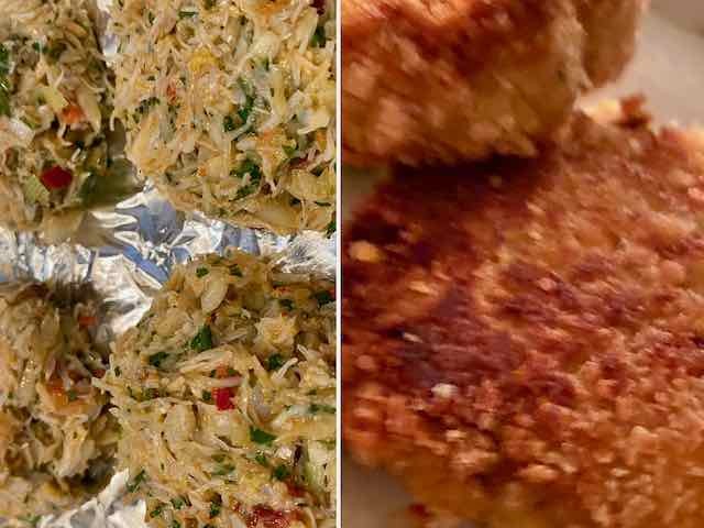 small uncooked crab cakes on a tray and crispy fried crab cakes showing the two stages of cooking
