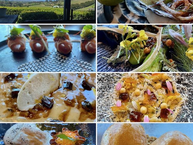 Eight photographs illustrating the restaurant dishes at Beau Constantia wine estate in Cape Town
