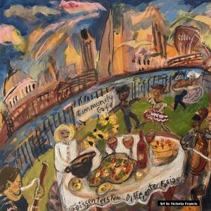 A watercolour sketch depicting happy people eating and drinking with musicians playing instruments in the open air