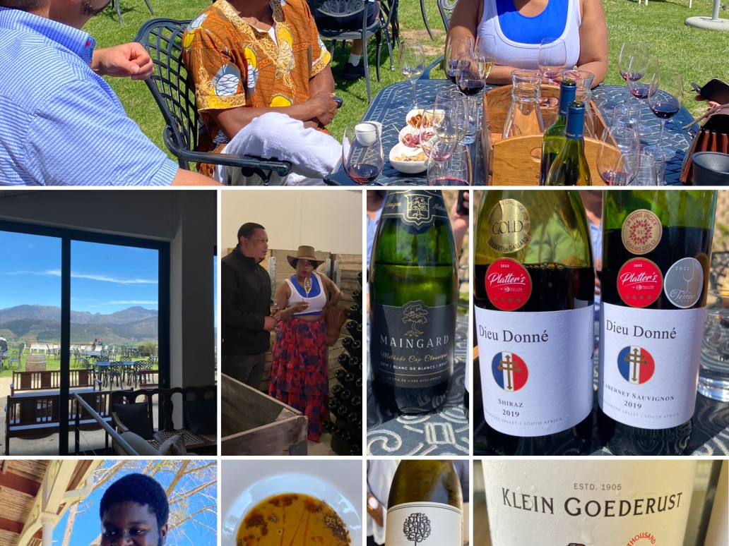 A group of photos showing wine bottles, winery scenes and a table of happy wine tasters