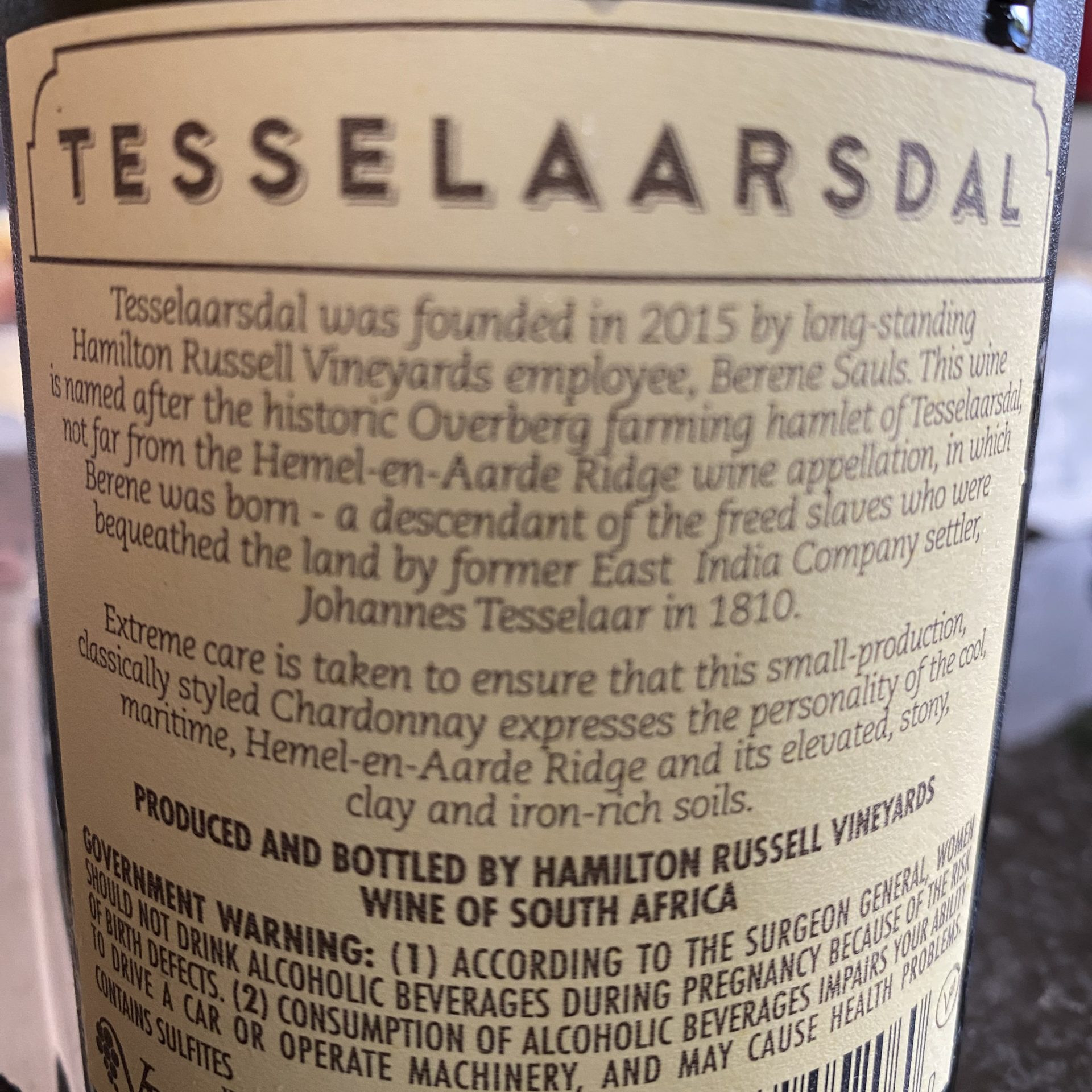 A wine label that explains the connection between Tesselaarsdal and Hamilton Russell